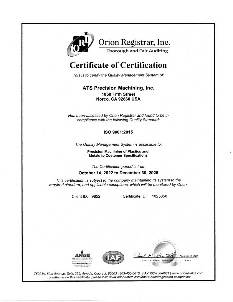 ISO 9001:2015 certification for precision machining.